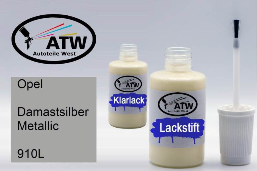 Opel, Damastsilber Metallic, 910L: 20ml Lackstift + 20ml Klarlack - Set, von ATW Autoteile West.